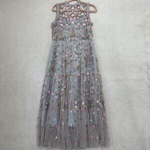Embroidered Mesh Tulle Maxi Dress Womens Small Gray Pink Floral Tiered Sheer